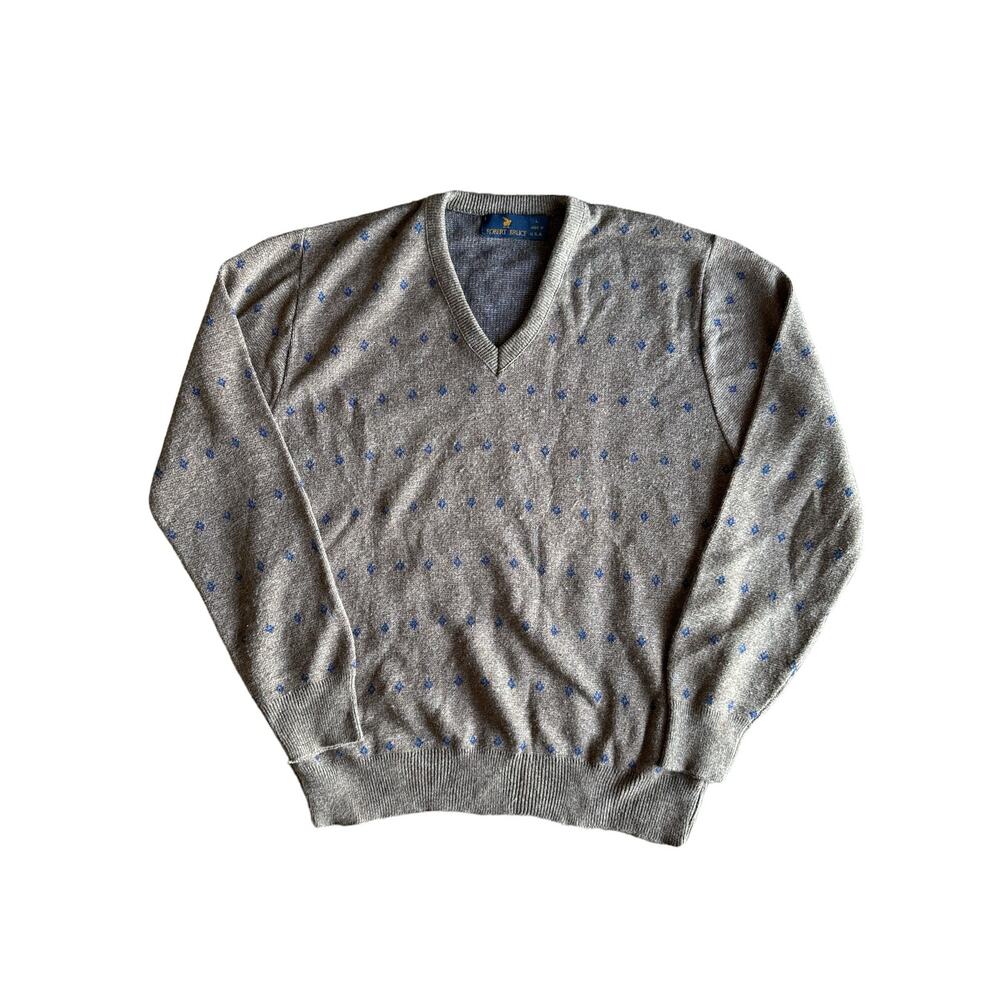 Vintage Robert Bruce USA Made Large Tan Vneck Sweater Small Diamond Pattern